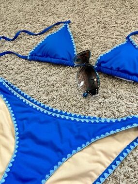 Blue Triangle Bikini Set with Light Blue Scalloped Trim, in Women’s Size S